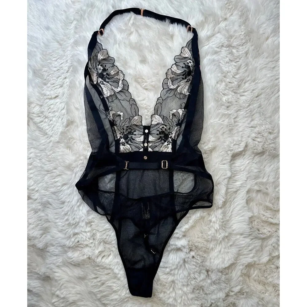 Honey Birdette DARIEN🩷 Black & Pink Floral Cheetah Bodysuit XS - Picture 3 of 4